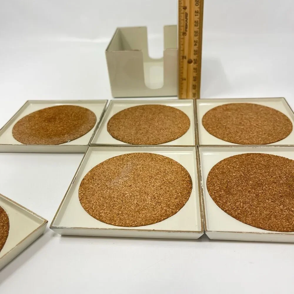 MCM Georges Briard Square Cream Gold Lacquer Ware Set of 6 Coasters Holder Japan